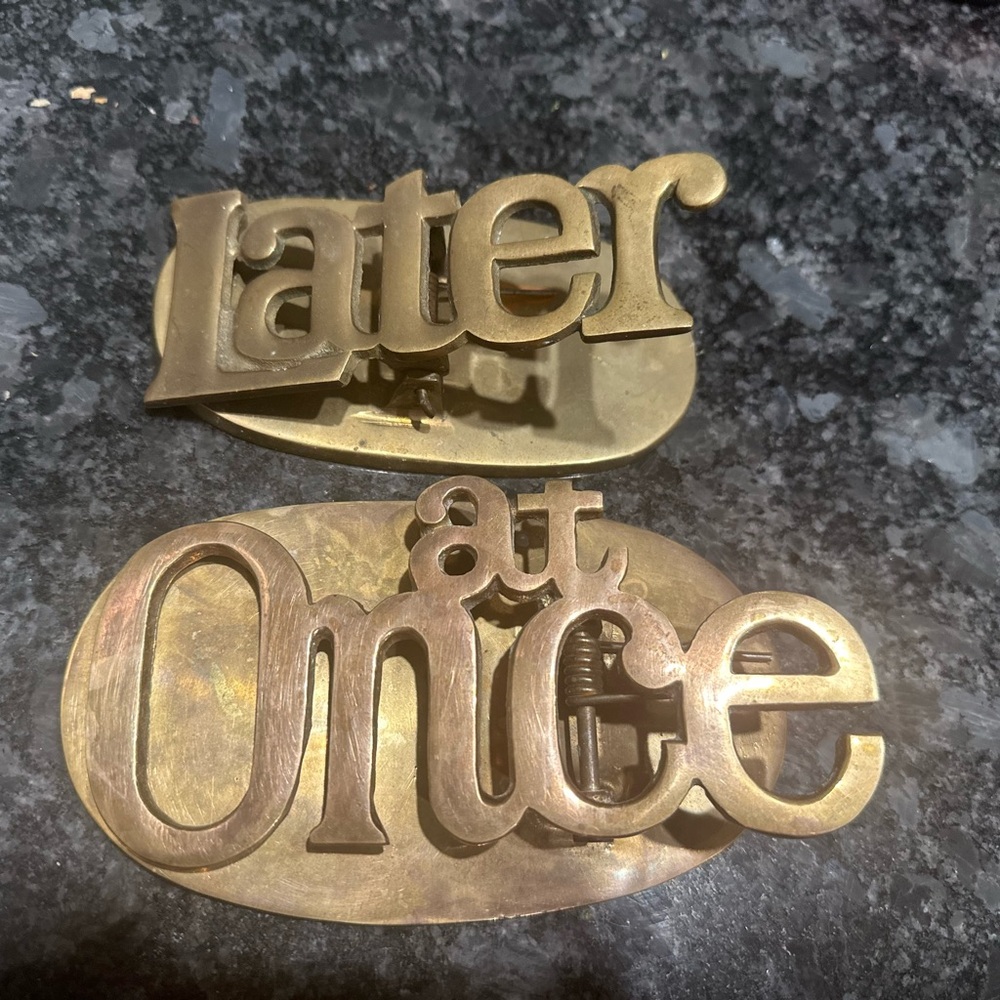Vintage brass “At Once” and “Later” letter clips